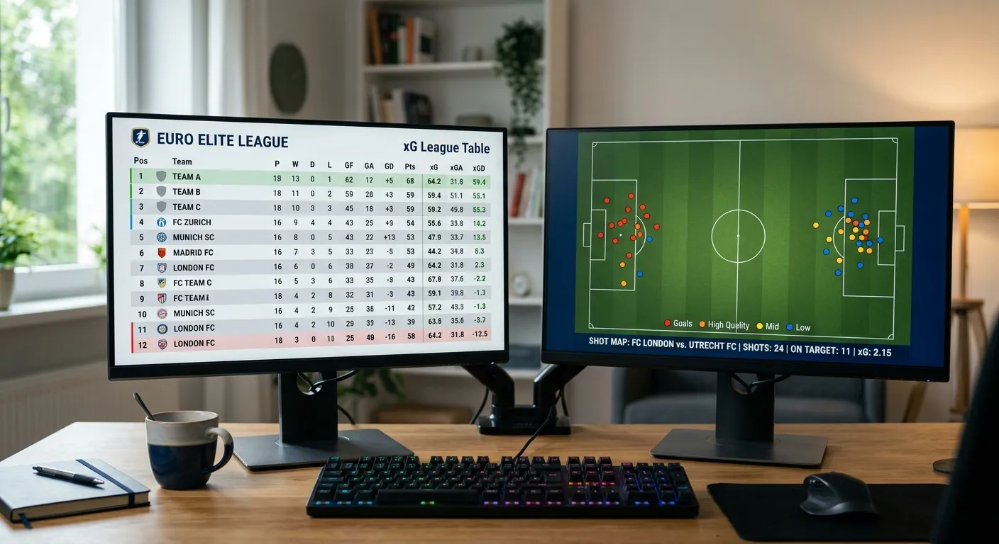Monitor mit xG-Tabelle und Schussqualitäts-Diagrammen — Datenanalyse für niederländische Eredivisie-Klubs