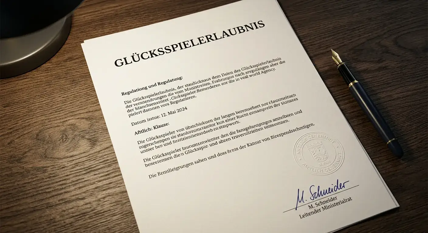 Offizielles deutsches Lizenzdokument der Gemeinsamen Glücksspielbehörde der Länder auf einem Schreibtisch — GGL-Erlaubnis für Sportwetten