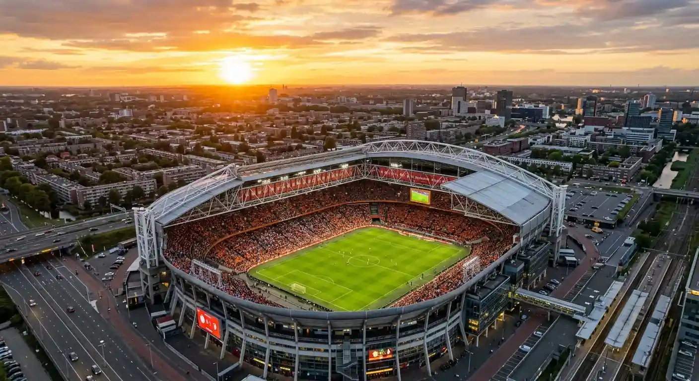 Luftaufnahme der Johan Cruijff Arena in Amsterdam bei Sonnenuntergang — Heimstadion von Ajax mit voller Auslastung