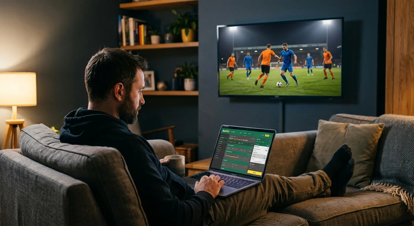 Wohnzimmer mit Fußballübertragung auf dem Fernseher und Laptop mit Live-Wettquoten daneben — typisches Setup für In-Play-Wetten