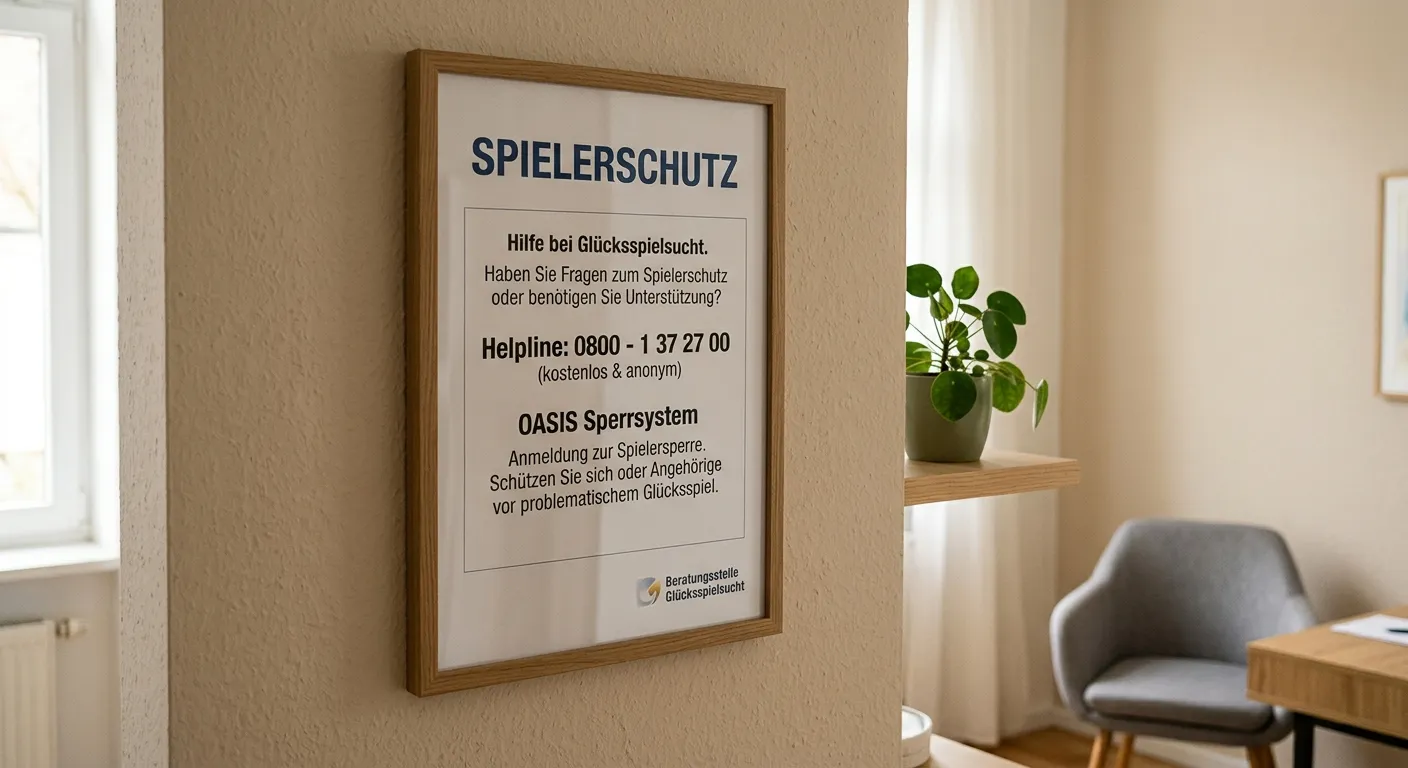 Plakat mit Hilfsangeboten für Glücksspielsucht in einer Beratungsstelle — Hotline-Nummer und Hinweis auf OASIS-Sperrsystem