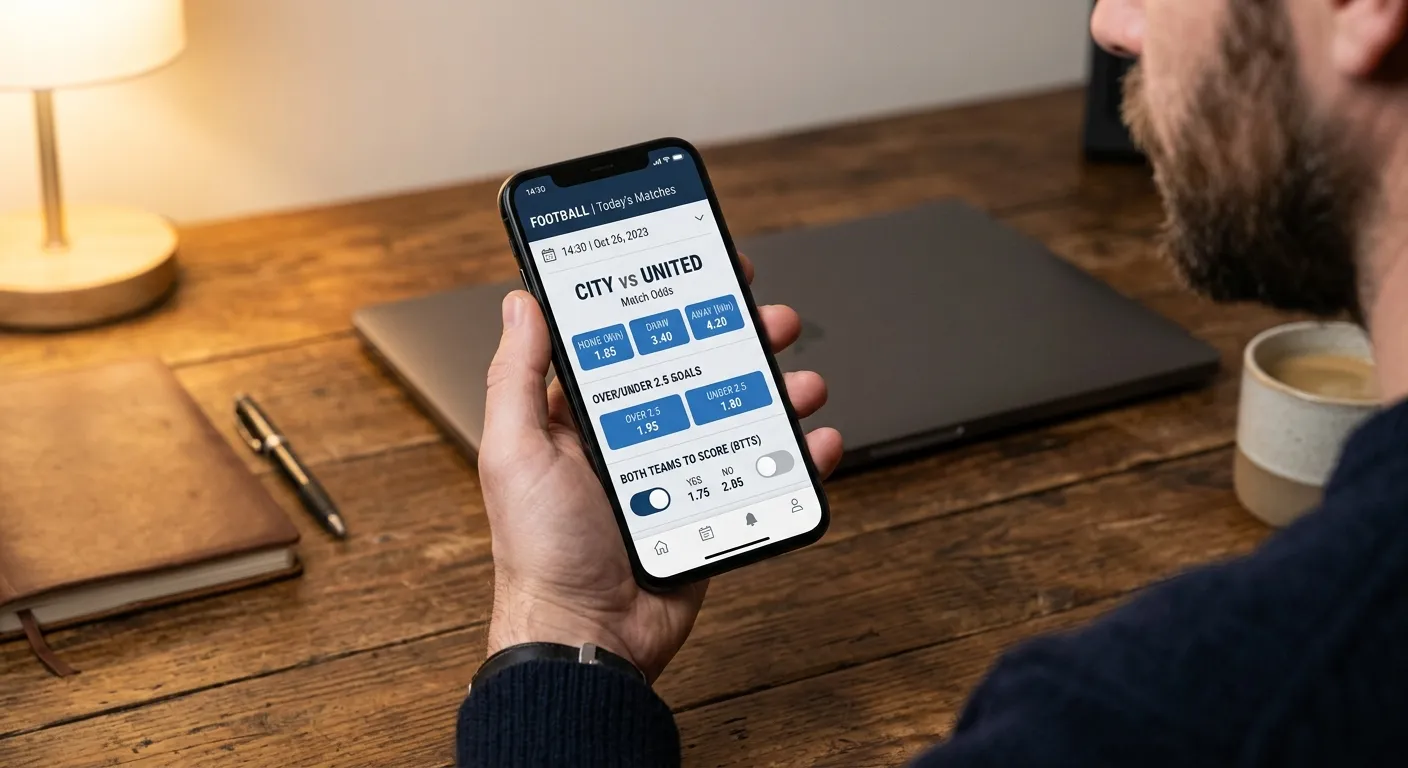 Smartphone-Display mit einer Sportwetten-App — geöffnete Wettmärkte für eine Eredivisie-Partie inklusive 1X2 und Over/Under