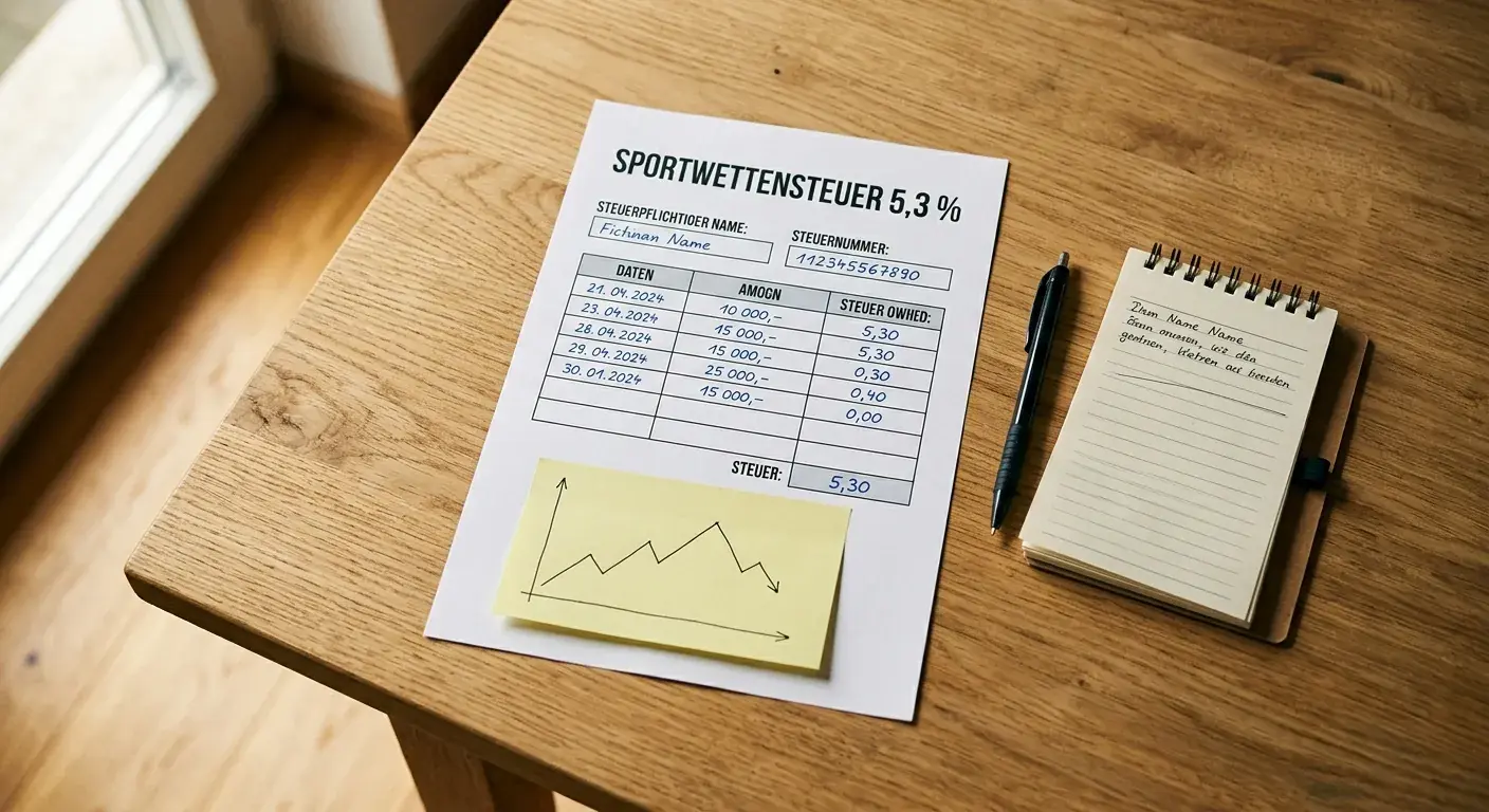 Schreibtisch mit Steuerunterlagen und Notizblock — deutsche Sportwettensteuer-Abrechnung mit Stiftnotizen
